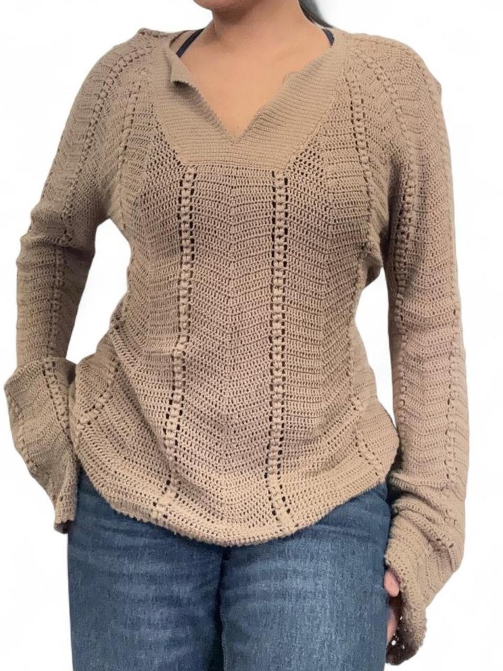 J. Crew Taupe Crochet V-Neck Sweater